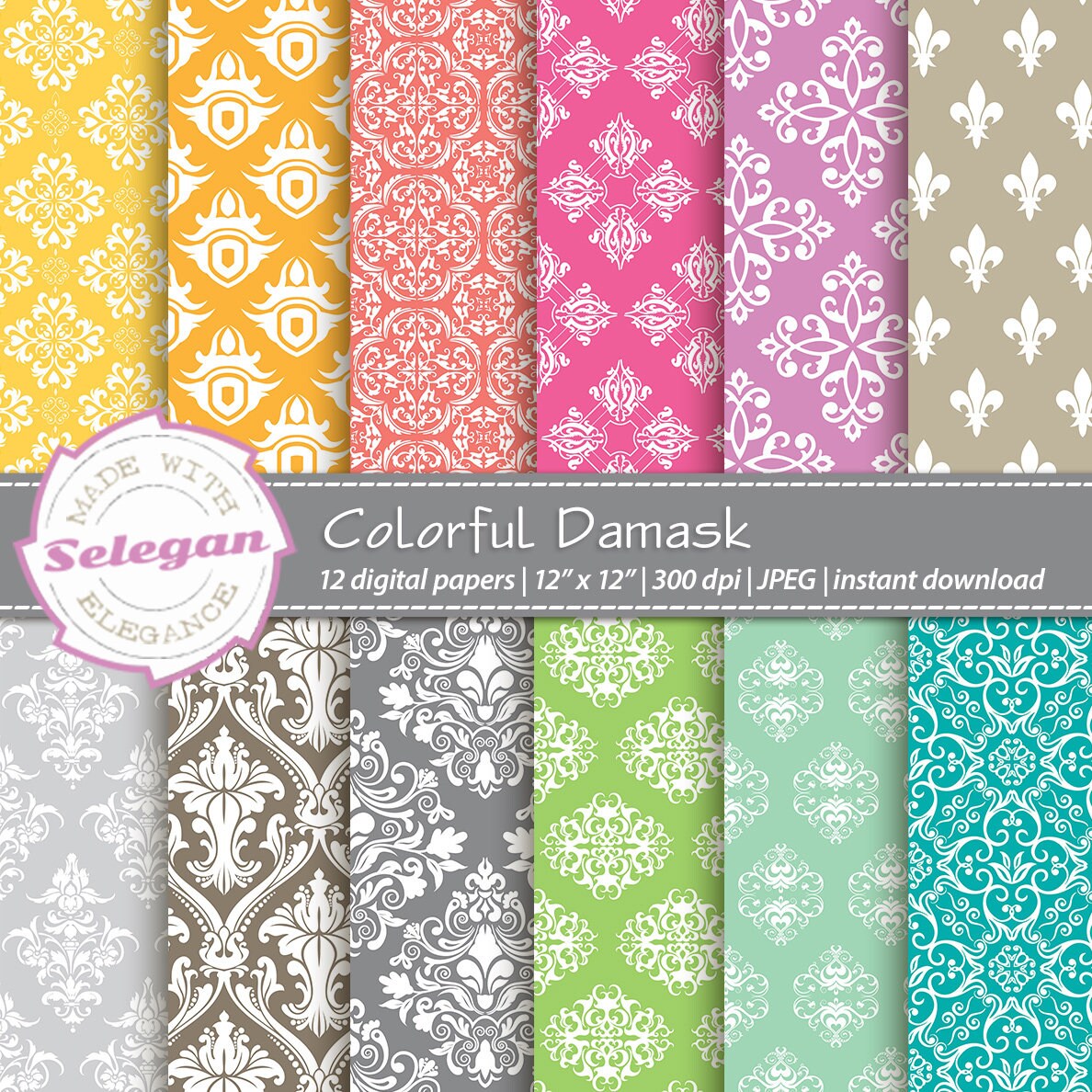Colorful Damask, Digital Paper, Scrapbooking, Paper, 12x12, Printable