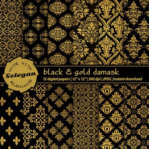 BLACK and GOLD DAMASK  digital scrapbook paper 12x12 royal printable black gold pattern european texture background