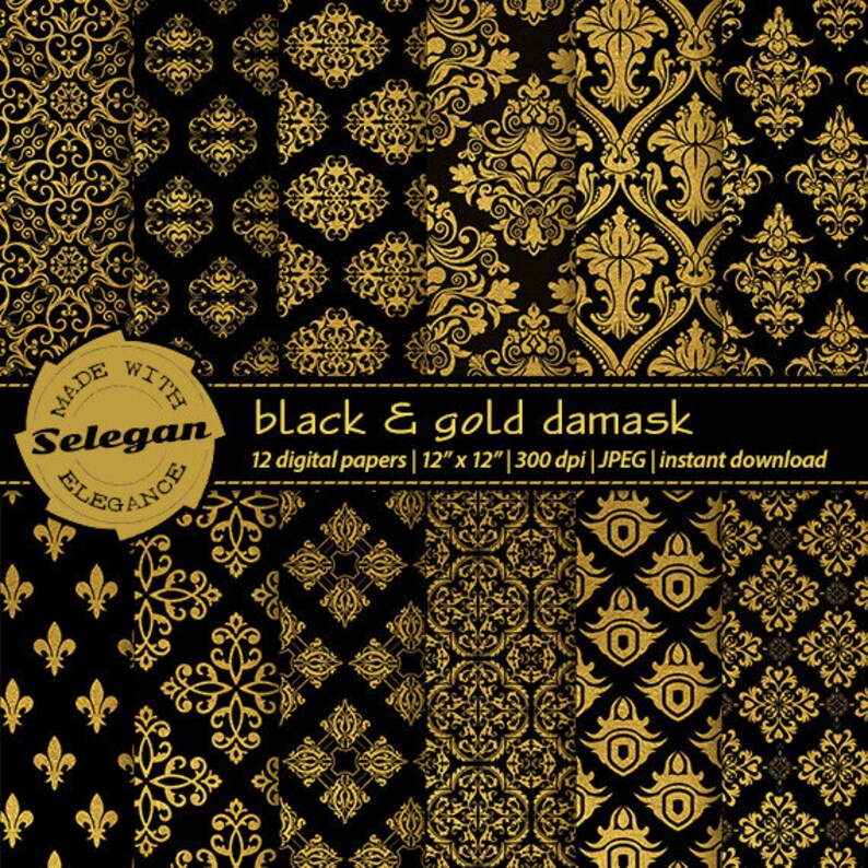 BLACK and GOLD DAMASK Digital Scrapbook Paper 12x12 Royal Etsy