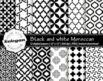 BLACK and WHITE MOROCCAN  digital printable scrapbook paper, eid pattern, islamic background, ramadan middle east backdrop