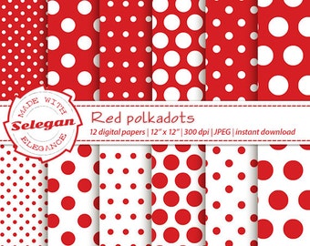 RED POLKADOTS  digital printable scrapbook paper, red white polka dot background, polka dots backdrop instant download