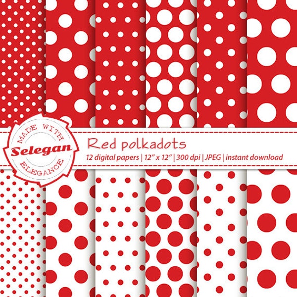 RED POLKADOTS  digital printable scrapbook paper, red white polka dot background, polka dots backdrop instant download