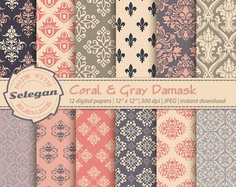 CORAL & GRAY DAMASK , digital printable damask scrapbook background, 12x12 backdrop download