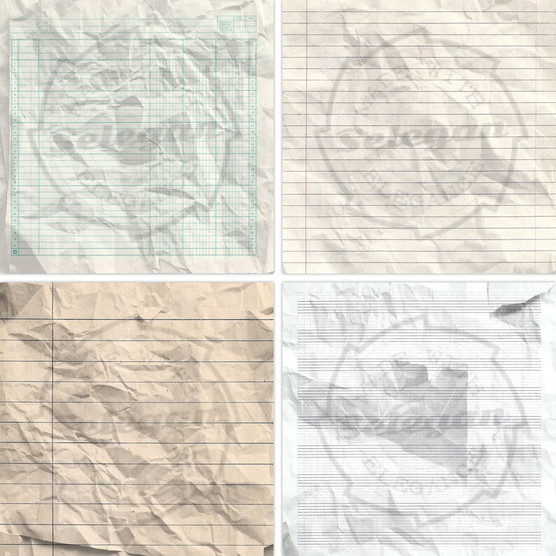 CRUMPLED NOTEBOOK PAPERS , Digital Printable Old Wrinkled Notebook