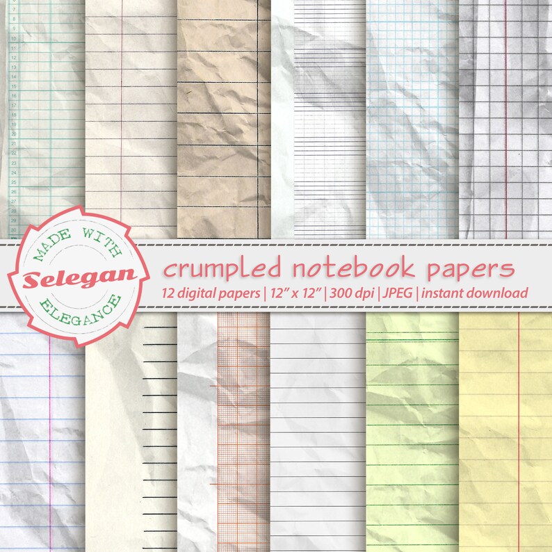 CRUMPLED NOTEBOOK PAPERS , Digital Printable Old Wrinkled Notebook