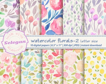 WATERCOLOR FLORALS -2 8.5X11 inch letter size digital printable floral pattern backgrounds