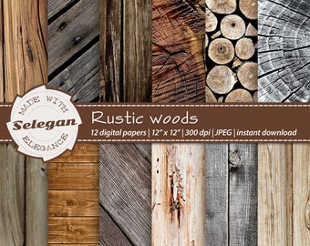 RUSTIC WOODS , lumber wood patterns, forest plant and tree texture, digital printable scrapbook paper background, timber