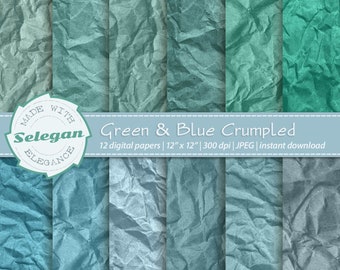wrinkled background " Green And Blue Crumpled " crumpled digital paper wrinkled texture digital scrapbook paper backdrop instant download