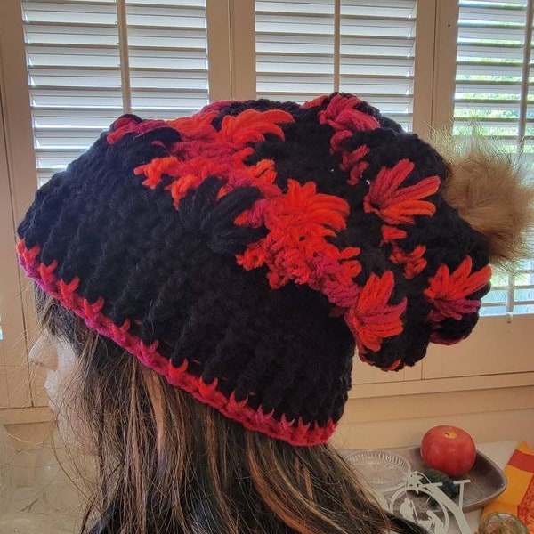 Flames Slouchy Beanie - Adult Unisex Crochet Beanie with Fur Pom