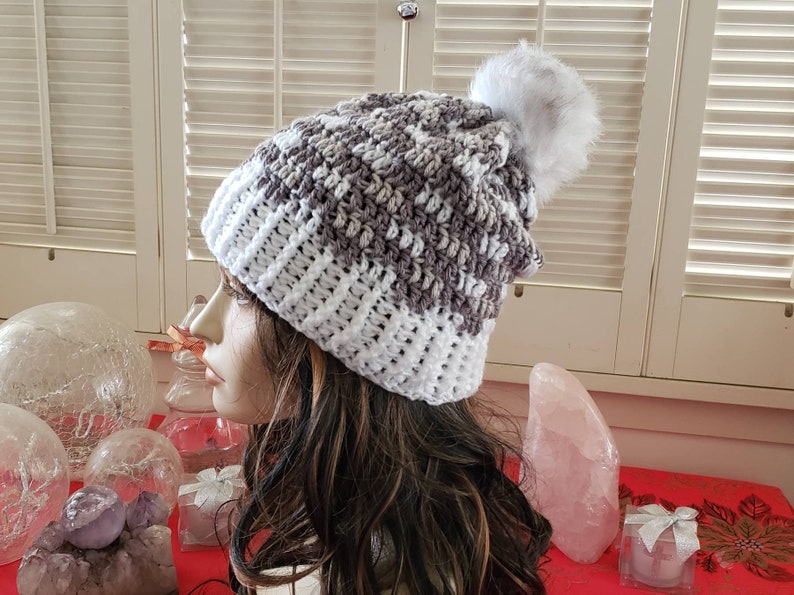 Unisex Crochet Buffalo Plaid Beanie with Removable Faux Fur Pom