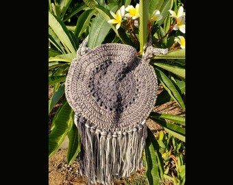 Crochet Boho Hippie Purse with Fringe - Charcoal and Tan