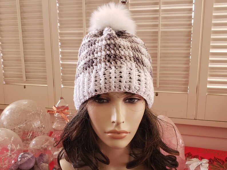 Unisex Crochet Buffalo Plaid Beanie with Removable Faux Fur Pom