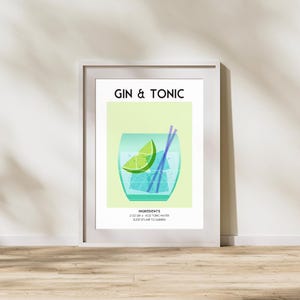 Przepis na koktajl Gin & Tonic – sztuka na wózku barowym, wystrój domowego baru, sztuka ścienna w stylu retro z koktajlami (pobieranie cyfrowe)