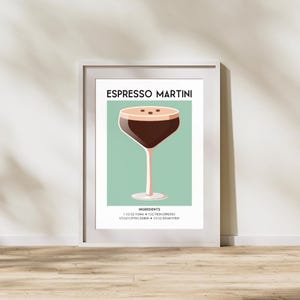 Przepis na koktajl Expresso Martini – sztuka na wózku barowym, wystrój domowego baru, sztuka ścienna w stylu retro koktajlowym (pobieranie cyfrowe)