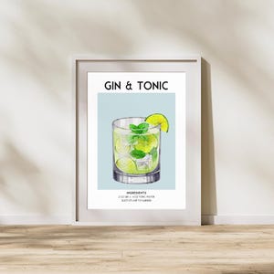 Przepis na koktajl Gin & Tonic – sztuka na wózku barowym, wystrój domowego baru, sztuka ścienna w stylu retro z koktajlami (pobieranie cyfrowe)