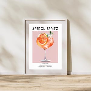 Przepis na koktajl Aperol Spritz – sztuka na wózku barowym, wystrój domowego baru, sztuka ścienna w stylu retro z koktajlami (pobieranie cyfrowe)