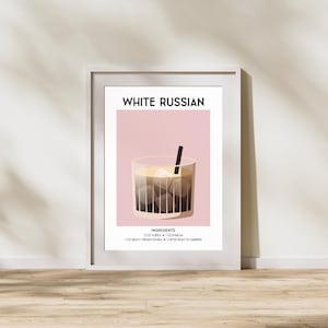 Stampa della ricetta del cocktail White Russian – Arte del carrello del bar, decorazione del bar di casa, arte murale retrò per cocktail (download digitale)
