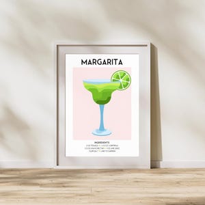 Przepis na koktajl Margarita – sztuka na wózku barowym, wystrój domowego baru, sztuka ścienna w stylu retro koktajlowym (pobieranie cyfrowe)