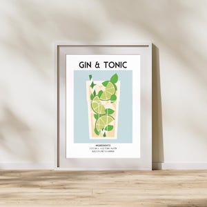 Przepis na koktajl Gin & Tonic – sztuka na wózku barowym, wystrój domowego baru, sztuka ścienna w stylu retro z koktajlami (pobieranie cyfrowe)