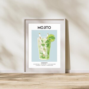 Przepis na koktajl Mojito – sztuka na wózku barowym, wystrój domowego baru, sztuka ścienna w stylu retro koktajlowym (pobieranie cyfrowe)