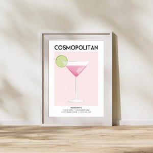 Przepis na koktajl Cosmopolitan – sztuka na wózek barowy, wystrój domowego baru, sztuka ścienna w stylu retro koktajlowym (pobieranie cyfrowe)