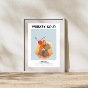 Przepis na koktajl Whiskey Sour – sztuka na wózku barowym, wystrój domowego baru, sztuka ścienna w stylu retro z koktajlami (pobieranie cyfrowe)