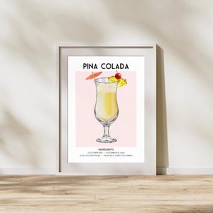 Przepis na koktajl Pina Colada – sztuka na wózku barowym, wystrój domowego baru, sztuka ścienna w stylu retro z koktajlami (pobieranie cyfrowe)