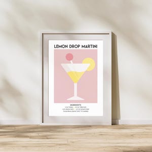 Przepis na koktajl Lemon Drop Martini – sztuka na wózku barowym, wystrój domowego baru, sztuka ścienna w stylu retro z koktajlami (pobieranie cyfrowe)