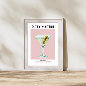 Przepis na drinka Dirty Martini – sztuka na wózku barowym, wystrój domowego baru, sztuka ścienna w stylu retro z koktajlami (pobieranie cyfrowe)