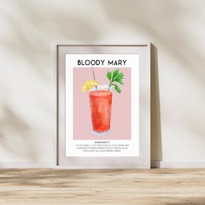 Przepis na koktajl Bloody Mary – sztuka na wózku barowym, wystrój domowego baru, sztuka ścienna w stylu retro z koktajlami (pobieranie cyfrowe)