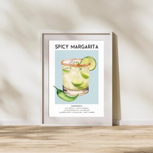 Przepis na pikantny koktajl Margarita – sztuka na wózku barowym, wystrój domowego baru, sztuka ścienna w stylu retro z koktajlami (pobieranie cyfrowe)
