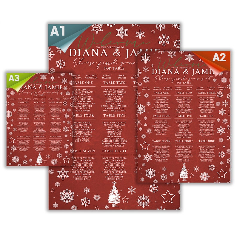 Vintage Red Christmas Winter Wedding Table Plan, Seating Chart Sign Personalised Wedding Sign Wedding Table Cards Escort Cards Print image 4
