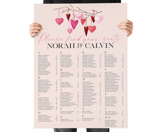 Pink Alphabetical  Wedding Seating Chart, Woodland Heart, Whimsical Romantic Rose Gold Blush Table Plan