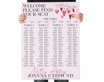 Trestle Table Seating Chart Heart Blush Pink Wedding Banquet Tables, Arrangement Plan, Canvas / Prints