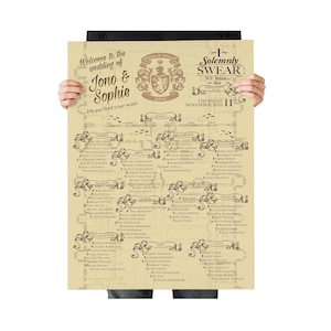 Puede incluir: Un plano de asientos de boda beige con los nombres de los invitados y el texto "Bienvenida a la boda de Jono & Sophie." El diseño incluye pancartas decorativas y la frase "Solemnly Swear We Will Live."