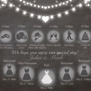 Festoon Personnalisé Tableau Noir Ordre du Jour / Calendrier de Mariage Signe En Gros Caractères OU Toile A1 A2 A3