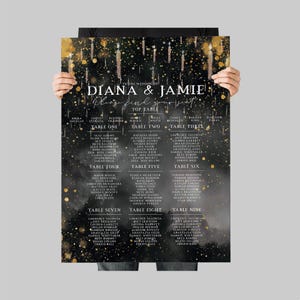 May include: A wedding seating chart poster with a black and gold design. The names "DIANA & JAMIE" are at the top, with guest names listed under table numbers. The poster is held by a person.