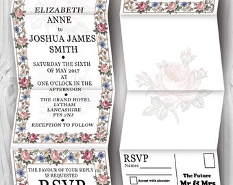 Personalised HANDMADE Flower Wedding Day Invites Evening Invitations + Envelope