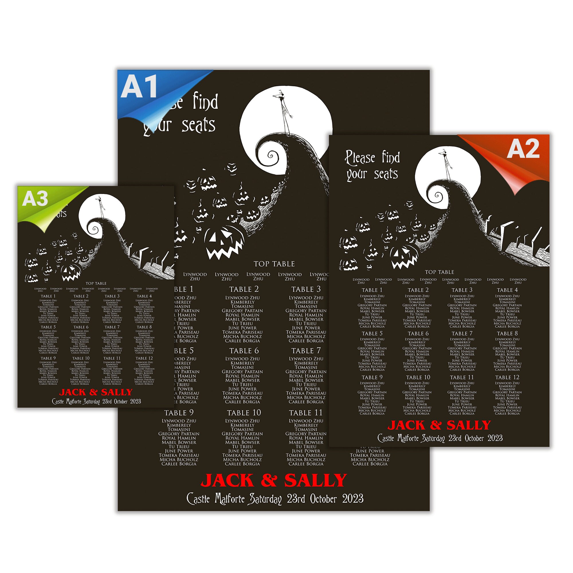 Jack and Sally Wedding Seating Chart, Nightmare Before Christmas