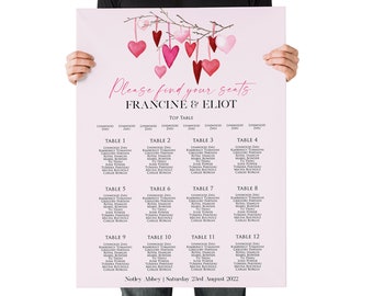 Pink Blush Heart Romantic Wedding Seating Plan, Wedding Stationery Decor, Arrangement Plan, Wedding Canvas / Prints