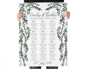 Greenery Foliage Wedding Seating Chart, Wedding Table Plan, Green Wreath Botanical Watercolor, Wedding Seating Sign