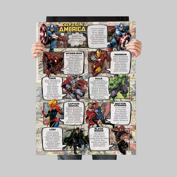 Superhero Wedding Seating Chart inspired by DC Marvel Avengers Comic Themed Wedding Table Plan, Avengers wedding, Superhero Place Cards