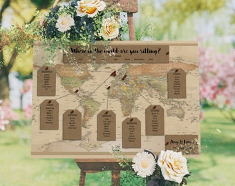 Personalised Travel World Map Wedding Table Plan, Destination Seating Chart, Table Number Cards, Place Cards, Wedding Signs