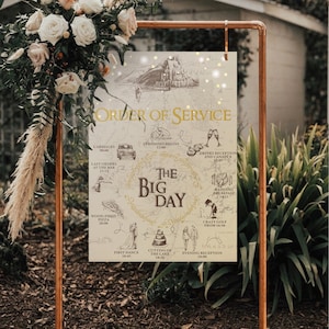 Puede incluir: Un cartel de orden del servicio de boda con una ilustración caprichosa de un castillo y un anillo. El cartel enumera los eventos del día, incluida la ceremonia, la recepción de bebidas, el desayuno de bodas y la recepción de la noche. El texto "The Big Day" está escrito en una fuente de letra dorada.