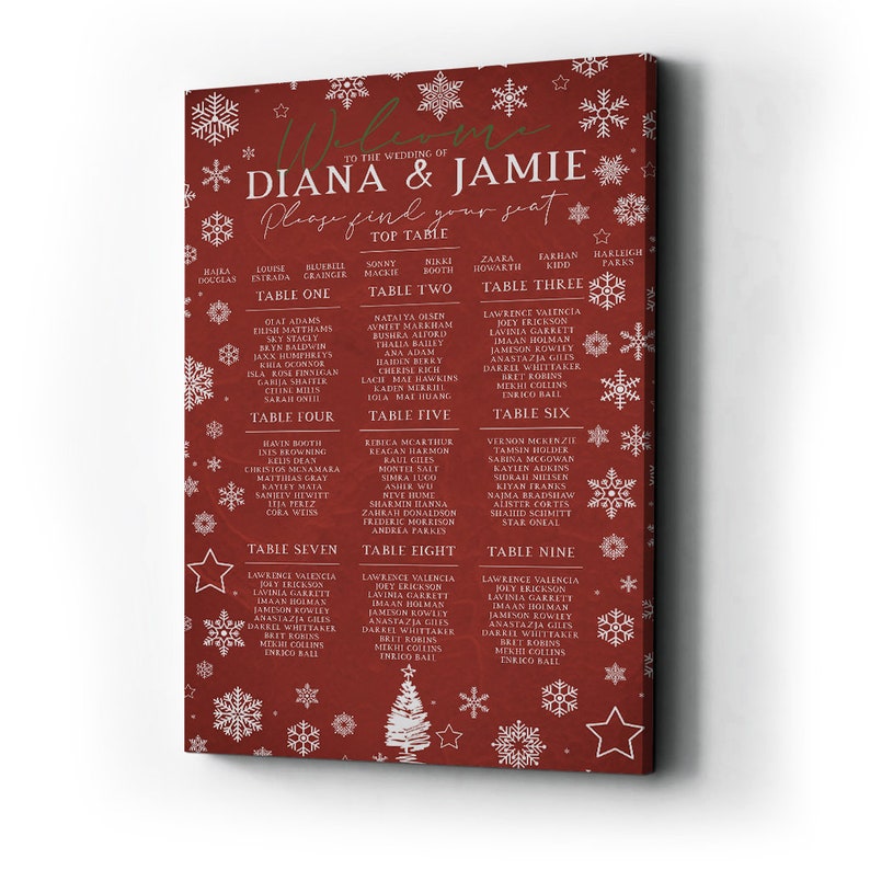 Vintage Red Christmas Winter Wedding Table Plan, Seating Chart Sign Personalised Wedding Sign Wedding Table Cards Escort Cards Print image 10