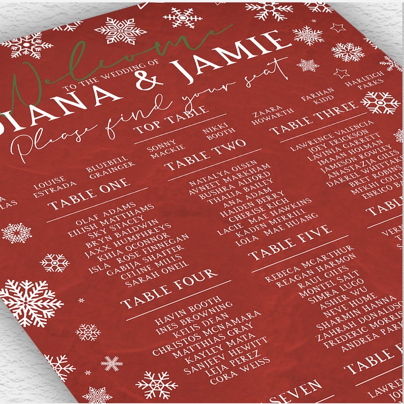 Vintage Red Christmas Winter Wedding Table Plan, Seating Chart Sign Personalised Wedding Sign Wedding Table Cards Escort Cards Print image 5