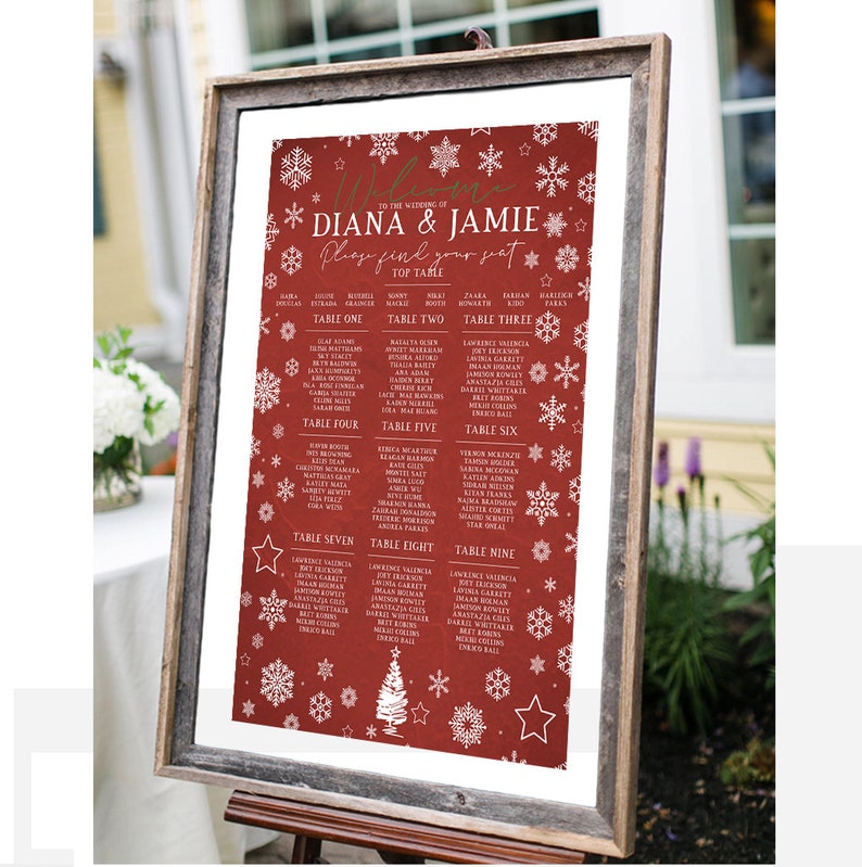 Vintage Red Christmas Winter Wedding Table Plan, Seating Chart Sign Personalised Wedding Sign Wedding Table Cards Escort Cards Print image 3
