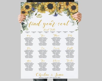 Sunflower Wedding Seating Chart, Summer Wedding Seating Chart Template Printable, Floral Wedding Decor, Yellow Wedding