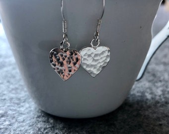 Shiny Sterling Silver Heart Earrings, Hammered Jewellery, Recycled Silver Earrings, Dainty Dangly Earrings, Gift for Her, Wife, Girlfriend