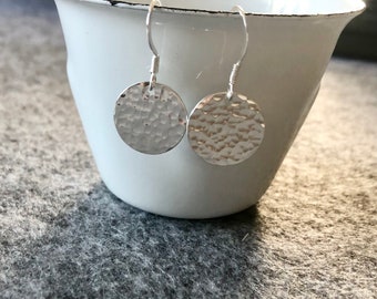 Recycled Silver Disc Earrings, Dangle Drop Earrings, Dainty Hammered Earrings, Minimalist Round, Gift for Her, Gift for Wife, Girlfriend
